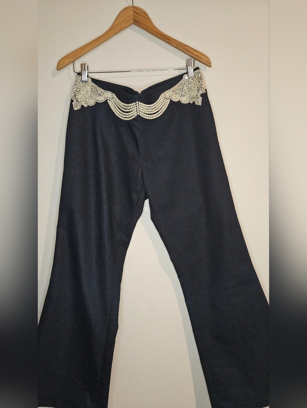 Esther Chen Navy Blue Cotton Wide Leg Embellished Trousers – Size 14 L, 39"